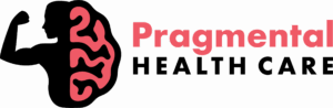 Logo for Pragmental Health Care. Logo features the silhouette of a person's torso from the side, flexing a strong arm, immediately next to half of a stylized graphic of a brain. The logo projects an image of strong mental health.