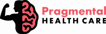 Logo for Pragmental Health Care. Logo features the silhouette of a person's torso from the side, flexing a strong arm, immediately next to half of a stylized graphic of a brain. The logo projects an image of strong mental health.